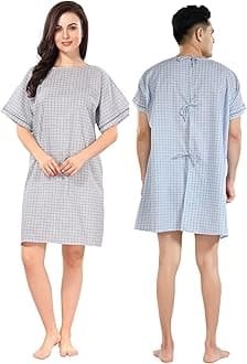 PIU Hospital Patient Care Gown/OT Gown | Poly Cotton Comfortable Patient Wear for Men and Women | Both Side Wearable | Blue Checks | Free Size Fits Upto 4XL