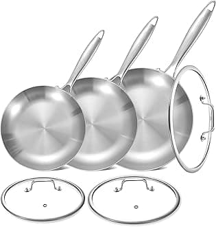 LOLYKITCH 8.5-10-12 Inch Tri-Ply Stainless Steel Frying Pan Set with Lids,Skillets,Induction Cooking Pans,Dishwasher and Oven Safe,Detachable Handle