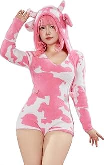 Mobbunny Women's Fuzzy Knit Sweater Pajamas Cute Cow Print Jumpsuit Fluffy Hooded Romper Bodysuit Onesies Pajamas Adult