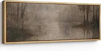 SIGNFORD Large Framed Canvas Print Wall Art Foggy Forest Lake Moody Misty Landscape Illustrations Modern Art Calm Warm for Living Room, Bedroom, Office - 60"x20"