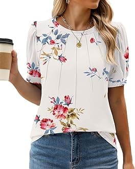 WEACZZY Womens Puff Short Sleeve Tops Dressy Casual Crew Neck Pleated T Shirts Cute Blouse Tunic Top Fashion Clothes 2024