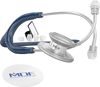MD One Stainless Steel Premium Dual Head Stethoscope, Adult, Navy Blue Tube, Silver Chestpieces-Headset, MDF77704