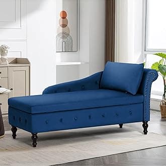 Upholstered Chaise Lounge with Right Armrest & Lumbar Pillow,Button Tufted Lounge Sofa with Storage,Lounge Chair Indoor,Modern Velvet Lounge Chair for Bedroom, Living Room and Office,Blue