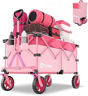 Sekey 220L Collapsible Foldable Wagon with 330lbs Weight Capacity, Heavy Duty Folding Wagon Cart with Big All-Terrain Wheels & Drink Holders (Pink)