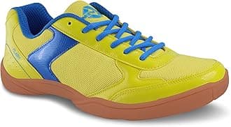 Flash Shoe Badminton Shoes for Mens, Rubber Sole with PVC Synthetic Leather Upper and mesh for Sports, Badminton, Volleyball, Squash, Table Tennis, (Yellow/Aster Blue) UK-11