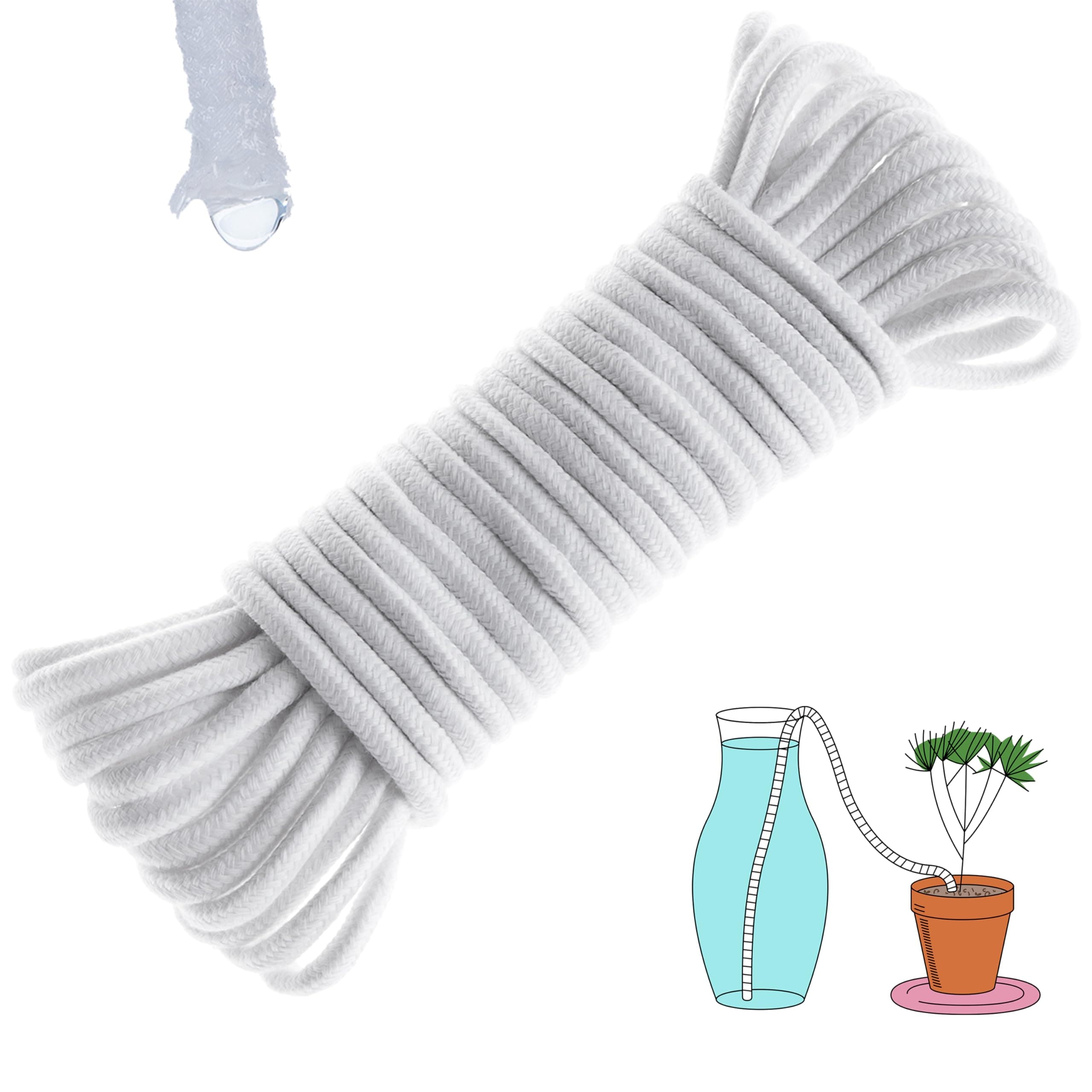 50 feet 6mm Self Watering Capillary Wick Cord Vacation Plant Sitter DIY Hydroponic Wicking Self-Watering Planter Pot Automatic Water System Device Potted Violet Auto Seedling Waterer Rope