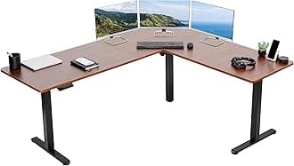 Corner Standing Desk, 75 x 63 inch Reversible L-Shaped Workstation, Electric Height Adjustment, Home, Office, and Reception Rooms, Dark Walnut Table Top Black Frame, DESK-E3CTD-75