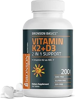 Bronson Vitamin K2 D3 (MK7) Supplement Non-GMO Formula Vitamin D3 5000IU (125 mcg) & 90 mcg K2 MK-7, Easy to Swallow D & K Complex, 200 Tablets
