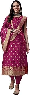EthnicJunctionWomen's Embellished Woven Zari Work Banarasi Silk Straight Sleeveless Kurta Pant with Dupatta Set