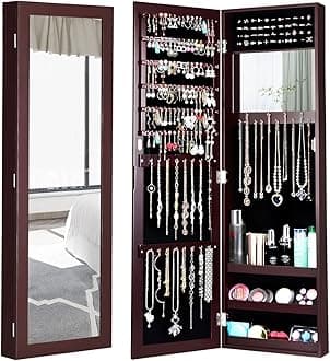 Giantex Wall Mounted Jewelry Cabinet with Full Length Mirror, Over The Door Jewelry Armoire Organizer with Large Storage, Makeup Mirror & Velvet Lining (Brown)