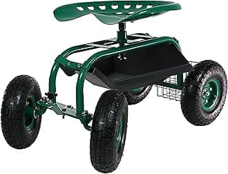 Sunnydaze Rolling Garden Cart with Steering Handle Swivel Seat & Basket - Green