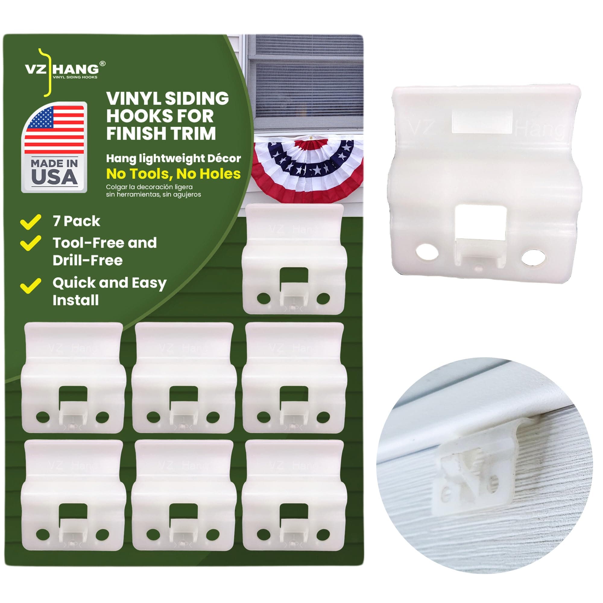 Vinyl Siding Hooks for Finish Trim 7 Pack -Tool-Free and Drill-Free House Hook for Hanging Outdoor Decorations - Lightweight & Durable for Home Exterior - Hang Outdoor Lights Spring Holiday Décor