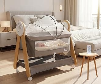 - R for Rabbit Lullabies Woodsy 2 in 1 Electric Baby Cradle Convertible Cot/Bassinet with Automatic Swing, Music, Bluetooth and Smart Timer, Lockable Wheels & Storage Space for 0-12 Months Kids (Grey)