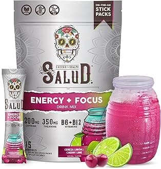 Salud 2-in-1 Energy Drink Powder + Focus, Cherry Lime, Organic Caffeine, B6 + B12, Theanine, Clean Energy Drink Packets, Agua Fresca Mix, Non-GMO, Gluten Free, Vegan, 1g of Sugar, (15 Servings)