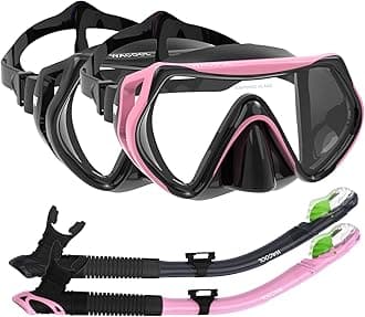 WACOOL Snorkeling Package Set for Adults, Anti-Fog Coated Glass Diving Mask, Snorkel with Silicon Mouth Piece,Purge Valve and Anti-Splash Guard. (Black+Pink)