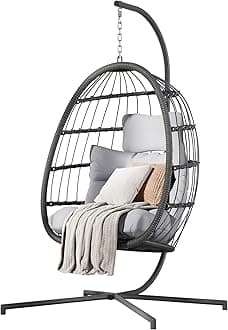 Hanging Egg Chair with Stand, Patio Wicker Egg Swing Chair with Cushion for Bedroom Garden Indoor Outdoor (Grey)