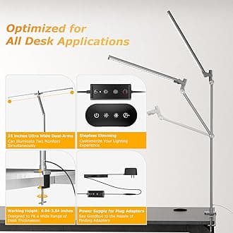 LED Desk Lamp for Home Office, Eye Caring Architect Desk Light with Remote, Dual Screen Computer Monitor Light with Stepless Dimming, Stepless Color Temp, Memory Function for Study, Workbench Grey