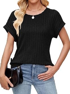 Plus size Top for Women Trendy 2025 short Sleeve Crew Neck Basic Tee Eyelet Shirts Tunic Tops Business Dressy Casual Outfits Black X-Large