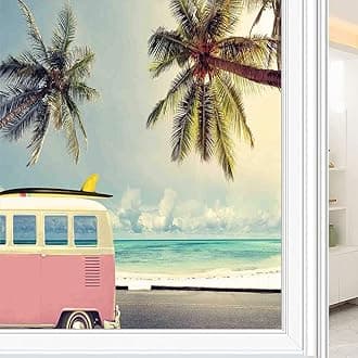 Surf Static Window Film, Minivan The Beach Retro Inspired Vacation Clouds in Summer Sky Honeymoon Destination, Glass Film for DIY Home Decoration of Glass Windows, W23.6 x L78.7 Inch Green Pink