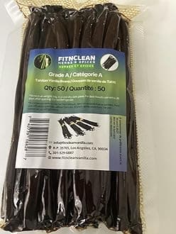 50 Tahitian Vanilla Beans Grade A by FITNCLEAN VANILLA for Baking, Extract and Paste. ~5" Bulk Fresh Raw NON-GMO Whole Gourmet Pods
