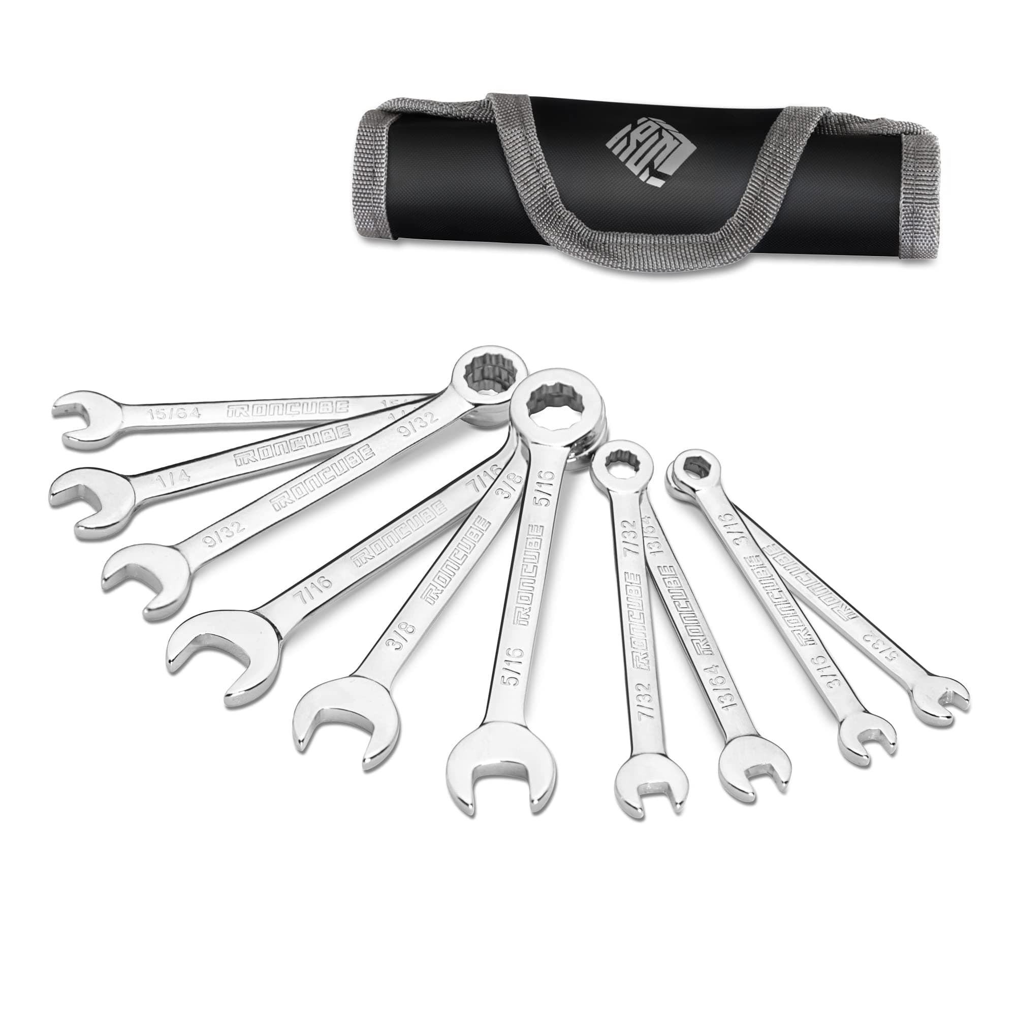 ironcube Mini Wrench Set, Midget Combination Wrench Set, 10-Piece, SAE, 5/32" - 7/16", Lightweight, with Rolling Pouch