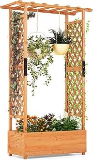 S AFSTAR 72-Inch Raised Garden Bed with Arch Trellis, Hanging Roof & Drainage Holes, Vertical Plant Container for Vine Climbing Plant Flower, Indoor Outdoor Wood Elevated Planter Box for Garden Patio