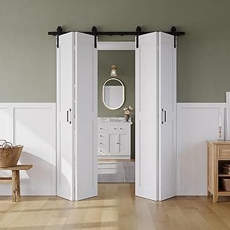 Bifold Barn Door 56" x 84", MDF Bi-Fold Sliding Closet Doors with Hardware Kit Included, Pre-Finished Easy Assembly, Water-Proof PVC Surface & Save Space, H-Frame, 64" Track for 4 Doors,White