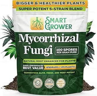 Mycorrhizal Fungi Organic Root Enhancer for Plants, Super Potent 100 Spores Per Gram, 5-Strain Blend, Rapid Results for Gardens, Houseplants, Lawns, Mycorrhizae Smart Grower 125 Grams for 125 Plants