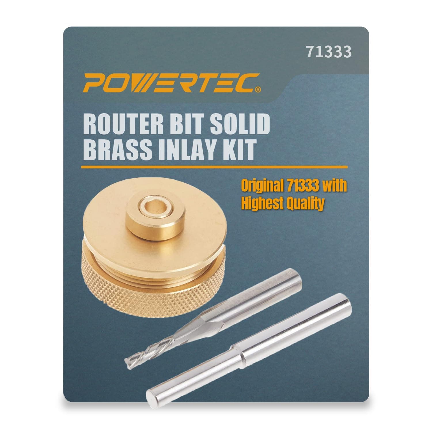 Router Brass Inlay Kit with Bushing Guide Set + Centering Pin, Collar & 1/8" Diameter x 1/4" Shank Solid Carbide Bit, Compatible w/ 1/4" Router Templates for Woodworking (71333)