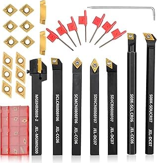 Indexable Lathe Turning Tool 21Pcs Kit 5/16" 8mm Shank 7 Pcs Metal Lathe Tool Holder Set with 14 Pcs Turning Inserts for Turning Grooving Threading Boring Carbide Inserts Carbide Turning Tool