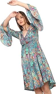 KE KanhaExportsKE KANHA EXPORTS Dress for Woman - Short Dress & Long Dress Latest Stylish Unique Border Design and Tassel Stretchable with Adjustable Drawstring fit and Flare Dress Beach wear