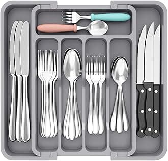 Lifewit Extendable Cutlery Drawer Organiser, Adjustable Cutlery Tray, Plastic Adjustable Kitchen Storage Dividers for Utensil Spoons Forks Knives, 7 Compartments, 23-37 x 31cm, Grey