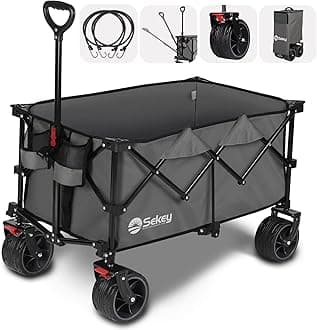 Sekey 220L Collapsible Foldable Wagon with 330lbs Weight Capacity, Heavy Duty Folding Utility Garden Cart with Big All-Terrain Beach Wheels & Drink Holders. Grey