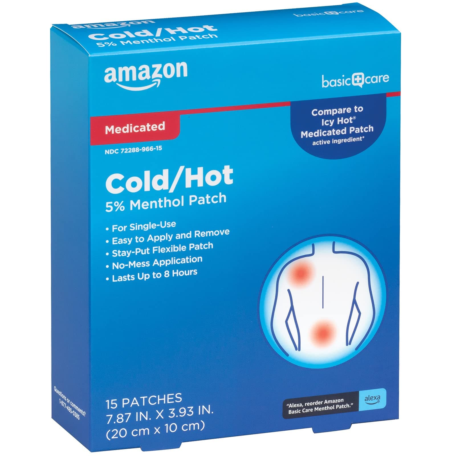 Amazon Basic Care Maximum Strength Pain Relieving Medicated Cold Hot 5% Menthol Patch for Muscle and Joint Pain Relief, 7.87" x 3.93", 15-Count Box (Previously HealthWise)