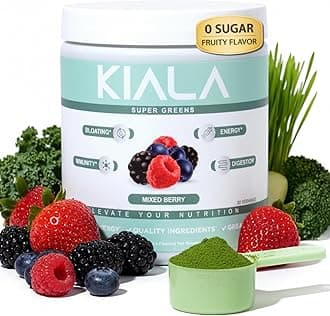 Kiala Nutrition Super Greens, Organic Greens Powder with Spirulina & Chlorella for Digestion, Gut Health, Immunity, Adaptogens, Energy, Gluten Free, Vegan, Sugar Free, Mixed Berry, 30 Servings