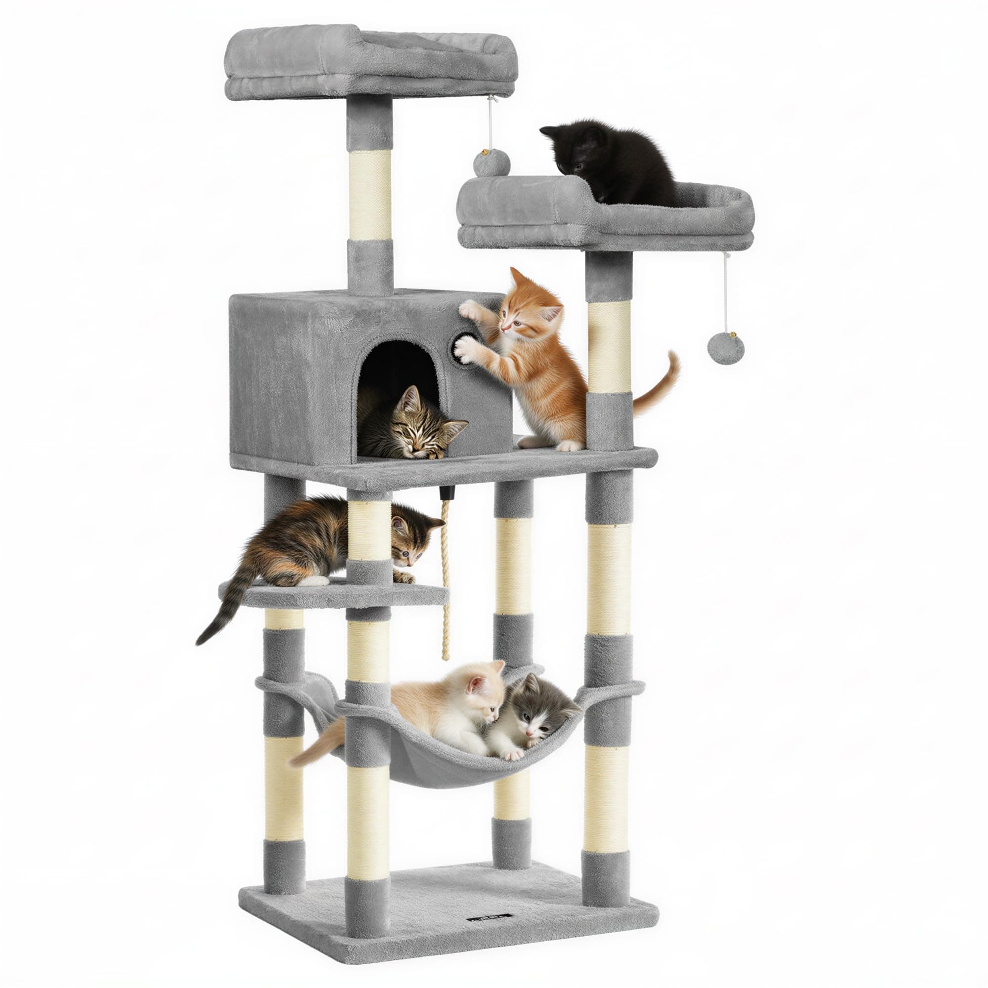 Cat Tree, 56.3-Inch Cat Tower, Multi-Level Plush Condo with 11 Scratching Posts, 2 Perches, Hammock, Cave, Light Gray UPCT15W