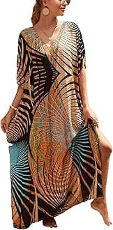 IMAGEKOPE Women's Plus Size Moroccan Print V-Neck Batwing Kaftan Loose Fit Beach Dress Bathing Suit Cover Up