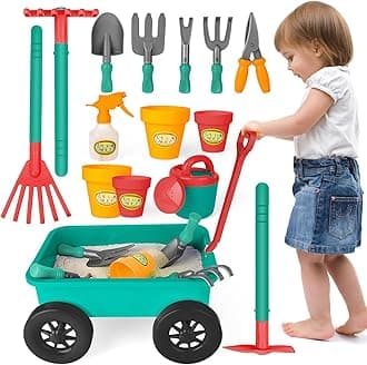Kids Garden Wagon Wheelbarrow and Gardening Tools Play Set Includes 10 Accessories and 4 Plant Pots,Great Outdoor Toddler Toys Kids Gardening Set