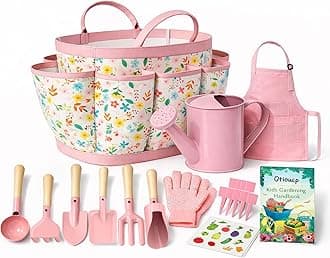 Kids Gardening Set 14Pcs Gardening Tools for Kids with Tote Bag,Watering Can, Shovel, Apron, Garden Book and More Educational STEM Learning Outdoor for Toddlers Boys Girls (Pink)