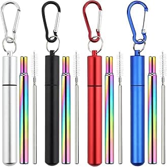 4 Pack Collapsible Stainless Steel Straws, Metal Reusable Retractable Straws with 4 Aluminum Case, 4 Cleaning Brush, and 4 Keychains (Silver, Black, Red, Blue)