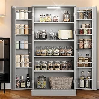 LED Kitchen Pantry Storage Cabinets - 50 Inch Food Cabinets Buffet Cupboards with 2 Doors and Shelves Adjustable for Small Space in Dinning Room, Living Room, in Grey