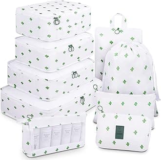 MossioMossio 9 Set Packing Cubes with Shoe Bag & Electronics Bag - Luggage Organizers Suitcase Travel Accessories, White Cactus, Large