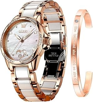 Watch for Women Automatic Self Winding Mechanical Ladies Wrist Watch Big face Two Tone Stainless Steel Ceramic Bracelet Heart Diamond Fashion Luxury Ceramic Band Luminous Waterproof