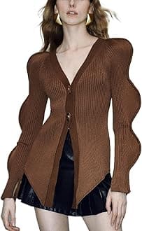 Women Knitted Cardigans Long Sleeve V-Neck Lightweight Sweater One Leaf Button Down Outwear