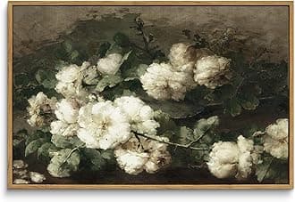 InSimSea Framed Canvas Wall Art Vintage Decor, Room Decor White Roses Still Life Paintings Canvas Print, Mid Century Modern Decor for Living Room, Bathroom Farmhouse Kitchen, 16"x24"