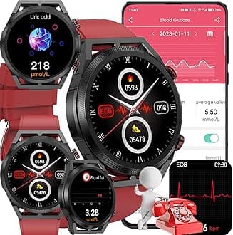 Blood Glucose Smart Watch, ECG HRV Fitness Tracker with Heart Rate Blood Pressure Uric Acid Measurement, Blood Lipid Monitoring, 20 Sports Modes, Text & Call, for Men & Women,Red