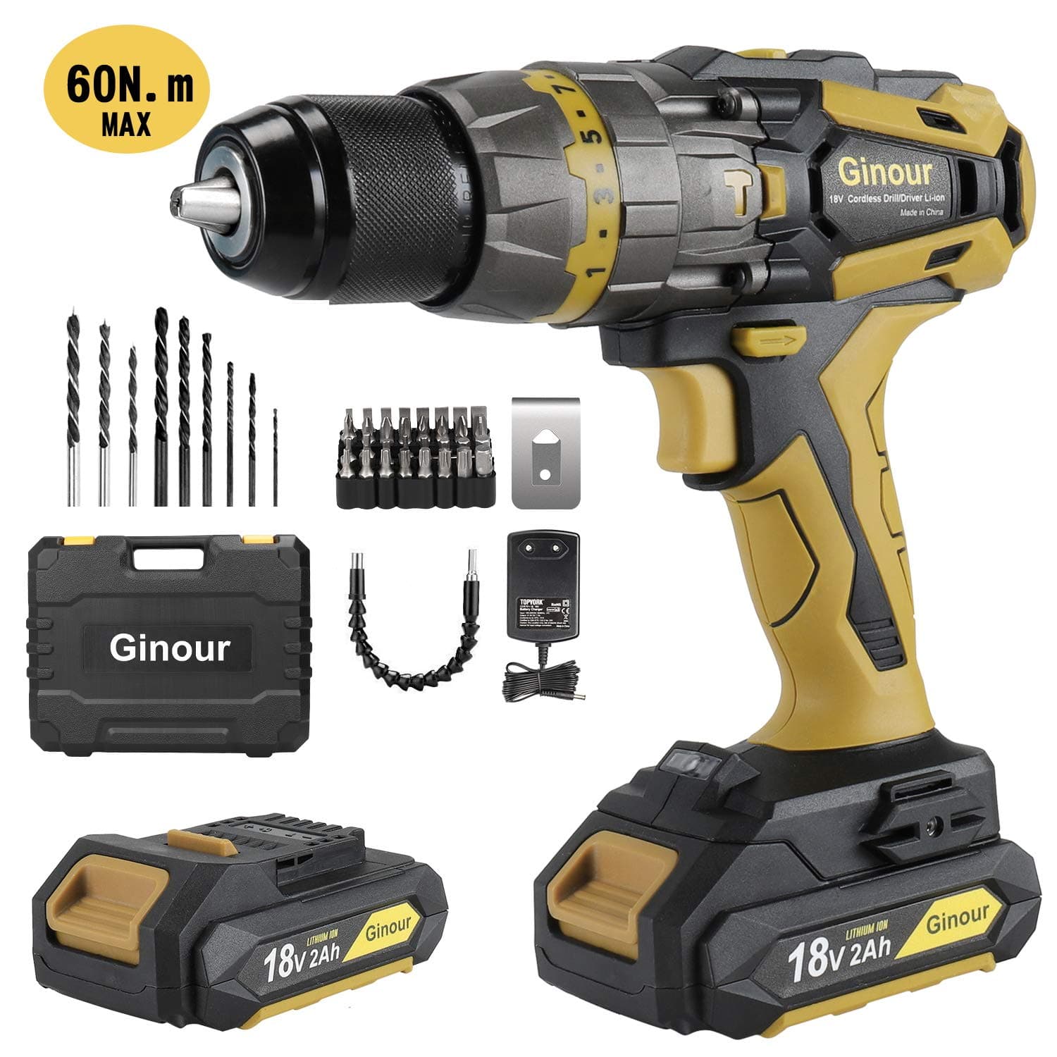 Cordless Drill Driver, 60N.m 18V Ginour 21+3 Torque Combi Drill Set Electric Drill Screwdriver 43 Accessories, 2Pcs 2000mAh Lithium Batteries, 13mm Collet, Double Speed, Led Light