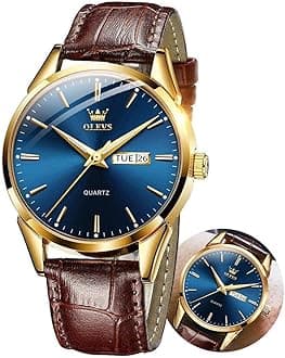 Men Watch Leather Analog Quartz Male Dress Week Date Business Classic Luminous Blue Face Brown Leather Strap 3ATM Waterproof Wrist Watch Lovers