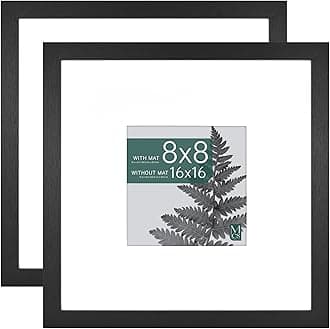 Studio Gallery 16x16 Matted Photo Frame with 8x8 Picture Display, Black Woodgrain Engineered Wood Vertical & Horizontal Wall Hanging Large Picture Frame for Photos & Art Prints (2-Pack)