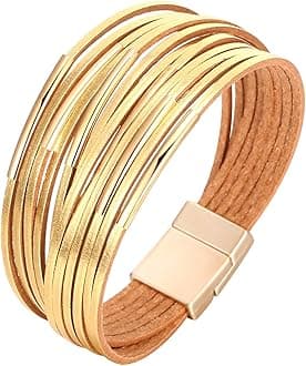 Fesciory Women Multi-Layer Leather Wrap Bracelet Handmade Wristband Braided Rope Cuff Bangle with Magnetic Buckle Jewelry